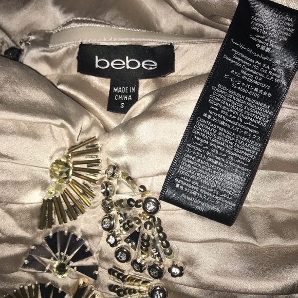 Bebe Silk Champagne Beaded Sequin Embellished Corset Tulip Cocktail Party Dress - Picture 10 of 11